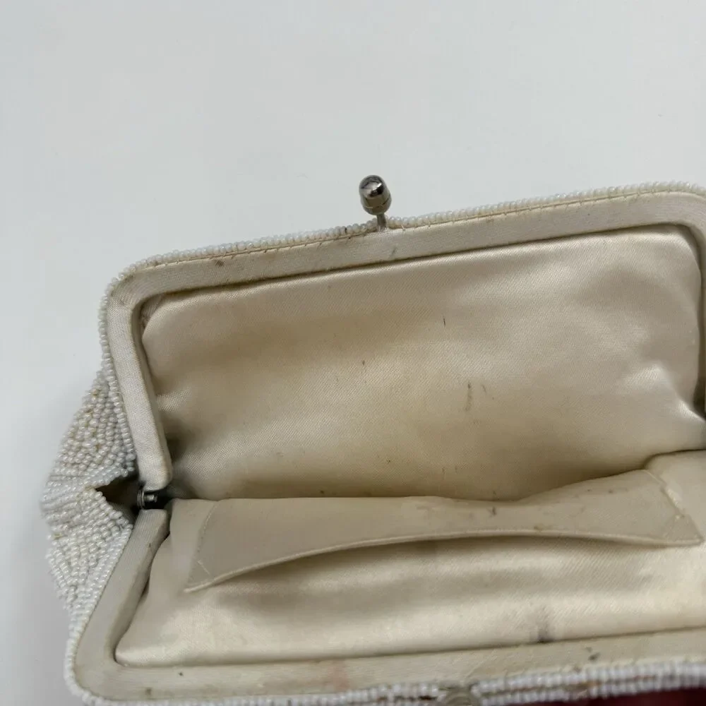 Vintage Unbranded Ivory Beaded Silver Clutch Evening Bag Small Dainty Bridal